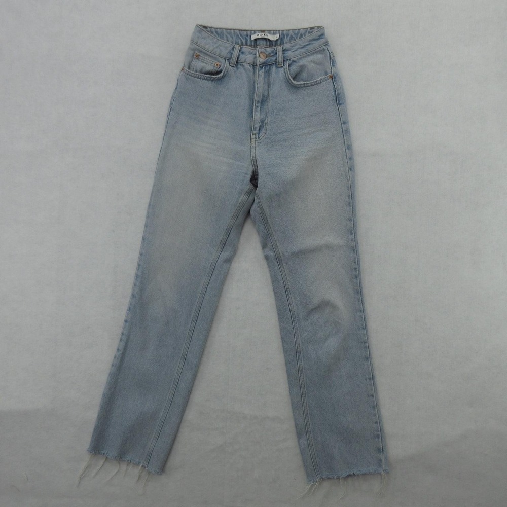 Nakd High Waist Raw Hem Straight Leg Jeans Womens Size 0 Blue Light Wash Denim